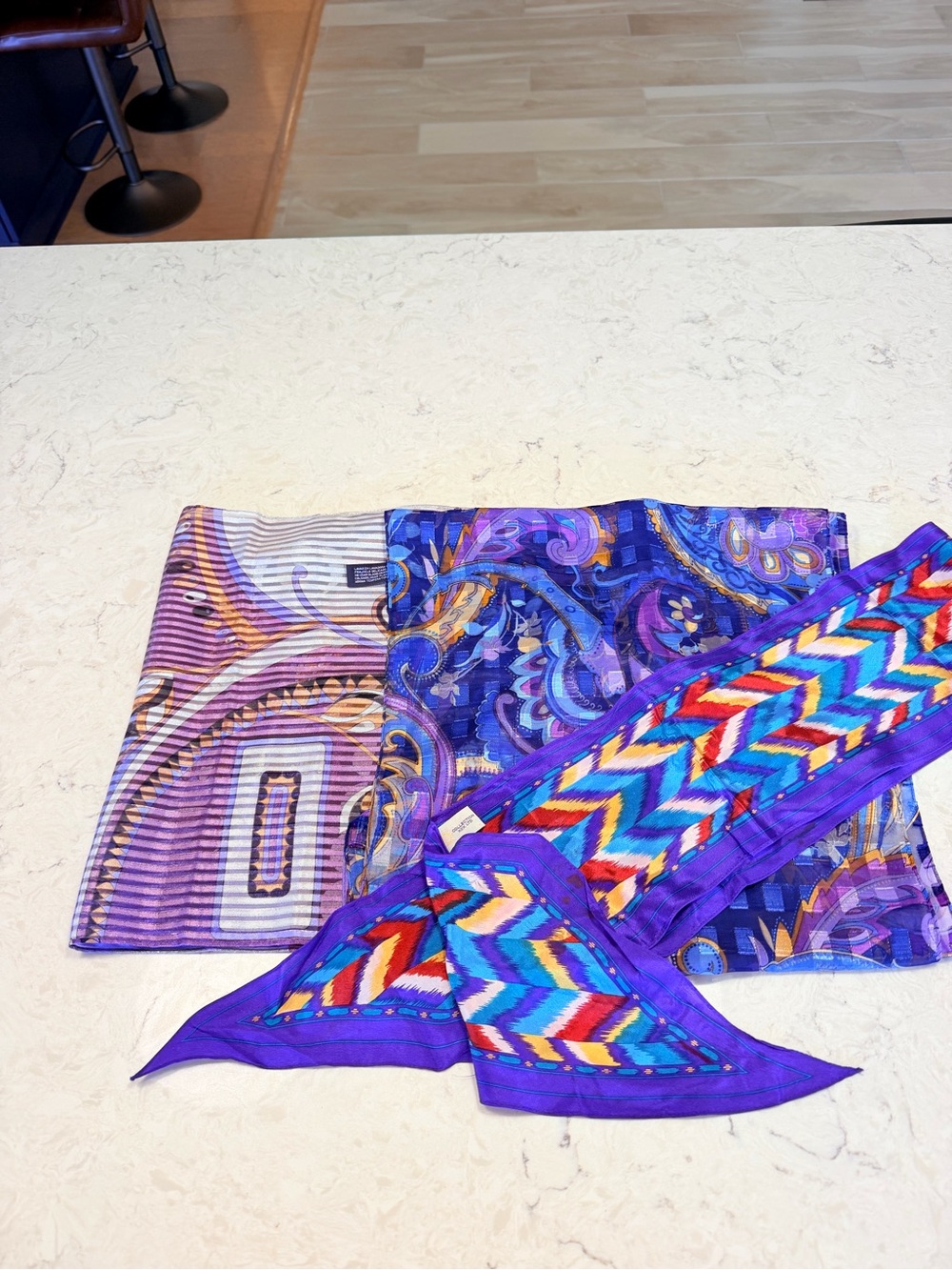 3 Piece Colorful Statement Scarf Bundle – Purple Blue Orange Geometric Paisley